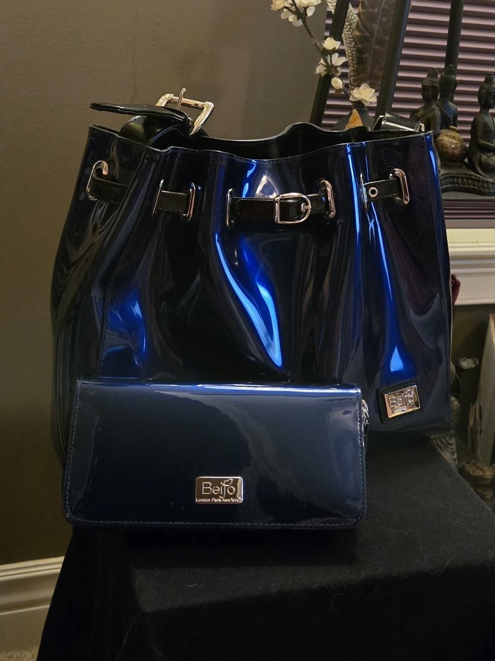 ✨VINTAGE Y2K GRAIL Rare Midnight Blue Patent Beijo Handbag & Matching Wallet Set